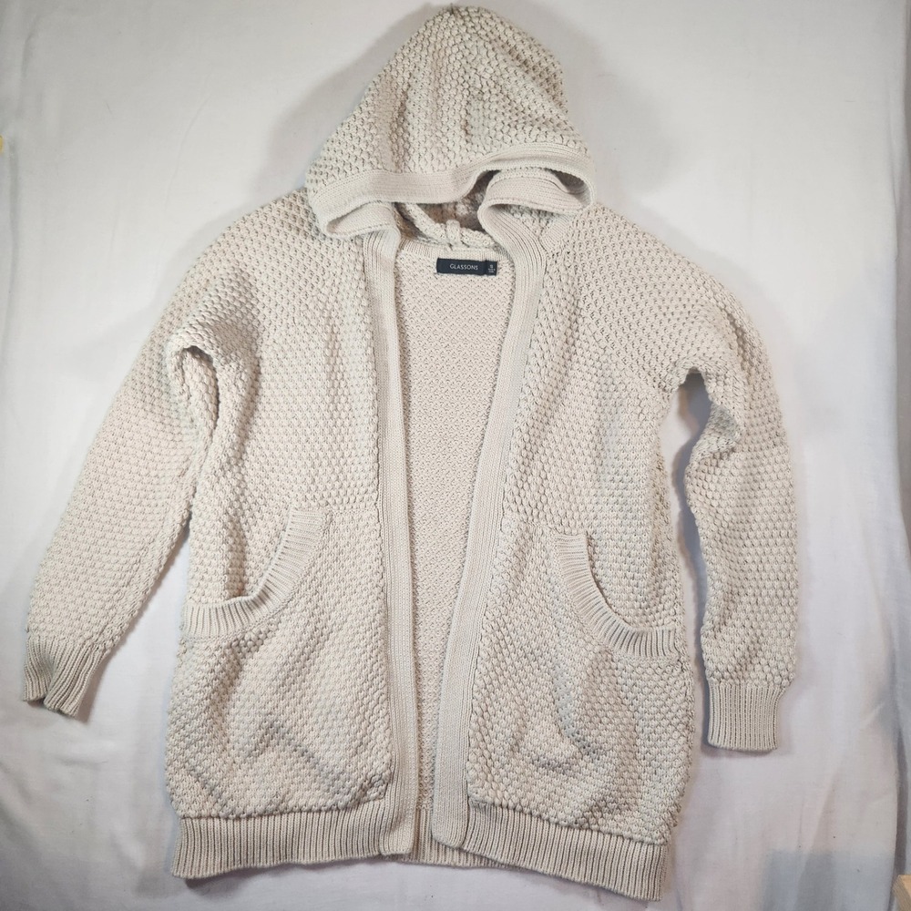 Glassons Cream Cotton Chunky Knit Hooded Cardigan Open Front Pocket Sweater S